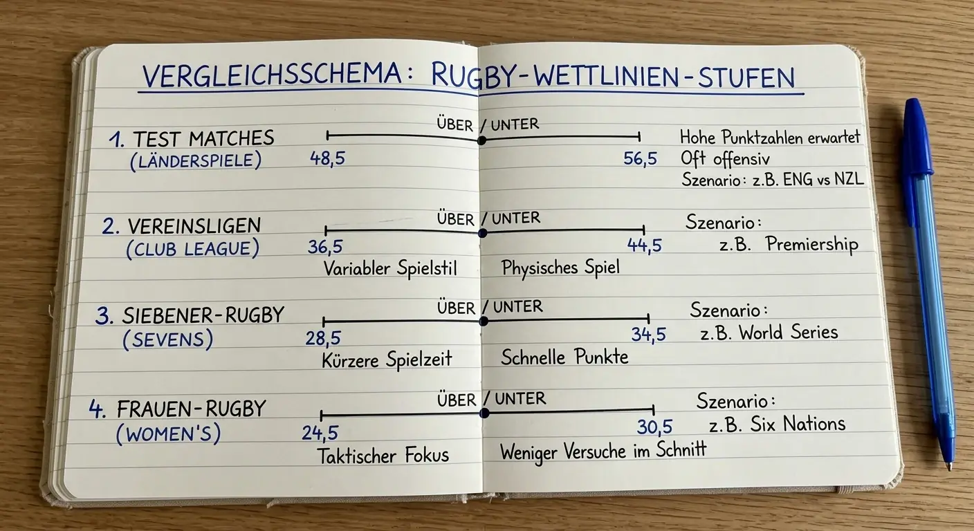 Typische Über/Unter-Linien bei Rugby Union Wetten im Vergleich nach Spielklasse und Turnier