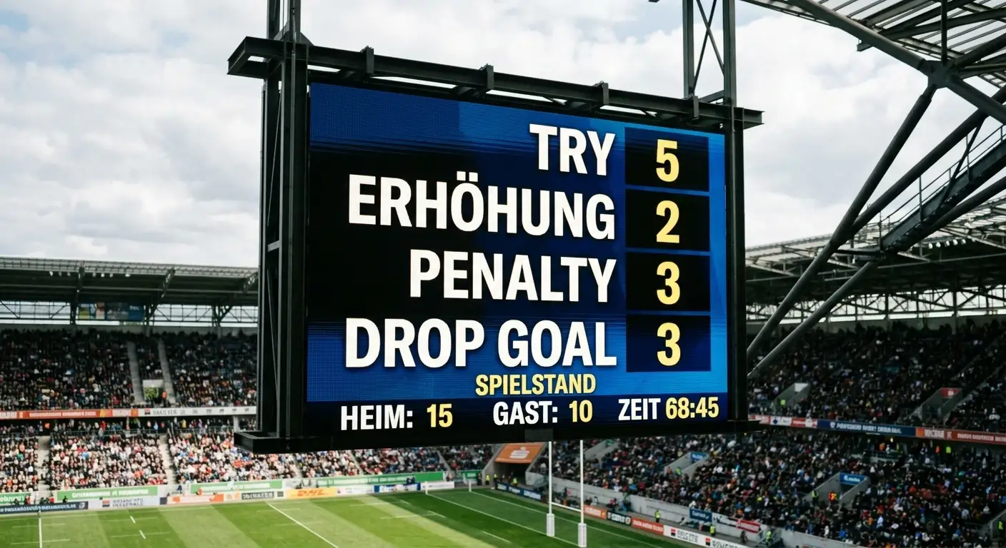 Rugby Union Punktesystem: Try 5 Punkte, Erhöhung 2, Penalty 3, Drop Goal 3 – für Wetter einfach erklärt