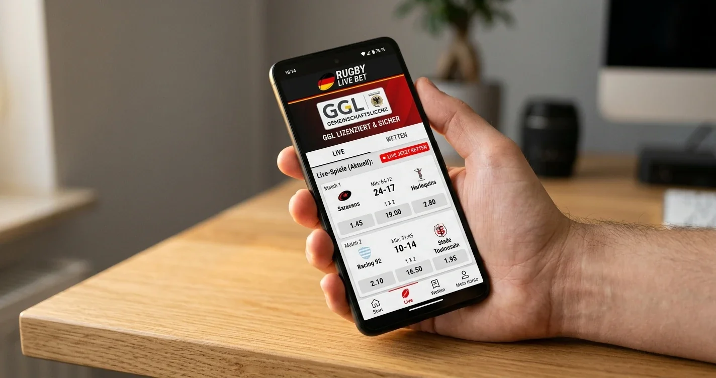 Smartphone mit Rugby Wetten App geöffnet – mobile Sportwetten für Rugby Union in Deutschland
