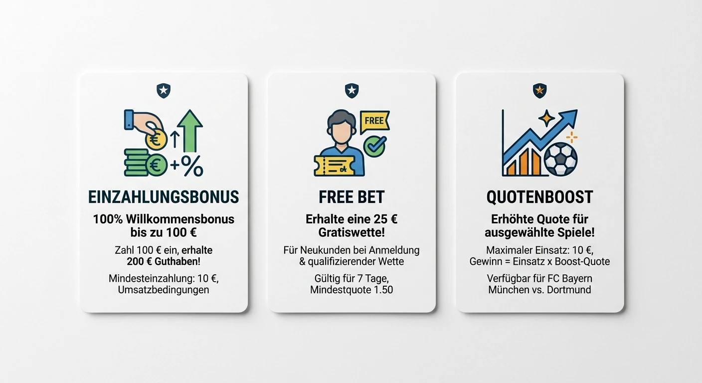Überblick der verschiedenen Bonus-Typen bei Rugby Sportwetten: Einzahlungsbonus, Free Bet und Quotenboost