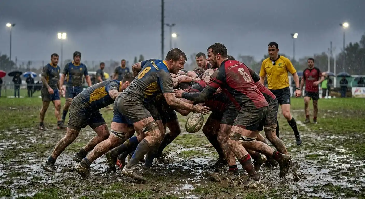 Rugby-Spielfeld im Regen – nasse Bedingungen senken Tryrate und Gesamtpunkte bei Wetten